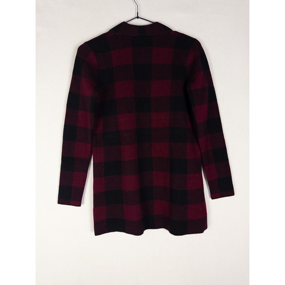 Talbots Merino Wool Cardigan Womens P Black Red Tartan Open Front Casual Knit - Picture 4 of 6